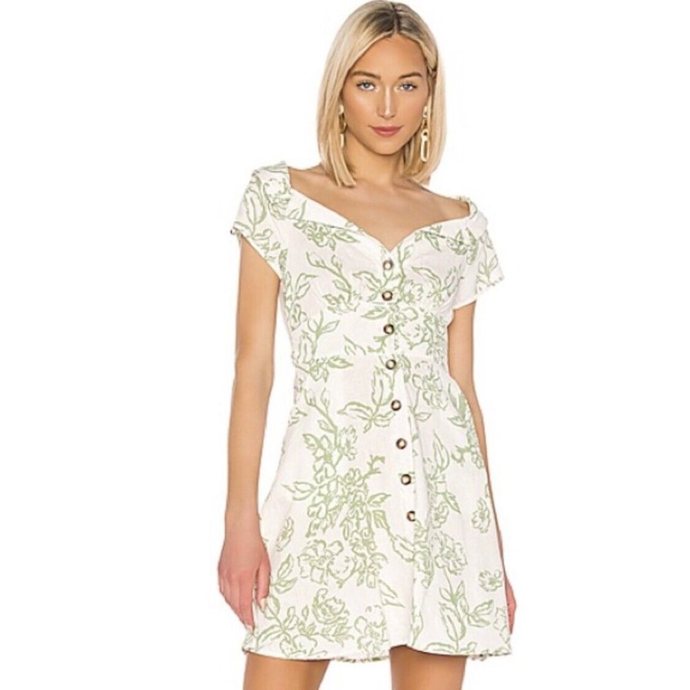 Free People White Mini Dress with Light Green Floral Print